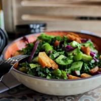 Peasant Fattoush Salad Bowl · Romaine, kale, red cabbage, tomatoes, celery, cucumber and herbs, served with Zataar vinaigr...