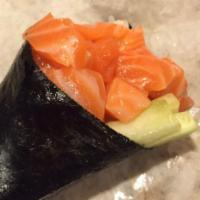 Salmon Hand Roll · Salmon with cucumber inside.