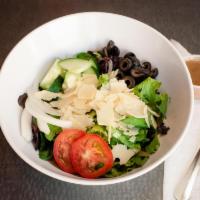 House Salad (Full Size) · Spring mix and romaine with Roma tomatoes, cucumbers, black olives and onions topped with sh...