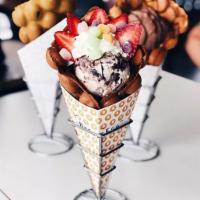 3. Strawberry Good Ice Cream Waffle · Bubble waffle, choice of ice cream, fresh strawberry, whipping cream & chocolate sauce.