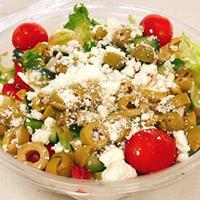 Mediterranean Salad · Fresh mixed leaves, tomatoes, peppers, corn, feta cheese and olives. Teased with olive oil a...