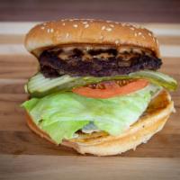 Hamburger · 4 oz. of fresh ground beef, served on toasted sesame seed bun with tomatoes, pickles, lettuc...