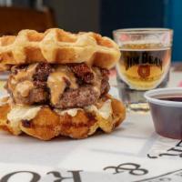 The WHAM! Waffle Burger · A ¼ bacon beef blend patty, honey butter, Jim Beam maple bacon jam, peanut butter on waffle ...