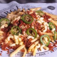 Mac & Cheese Fries · French fries, queso, chili, jalapeño, bacon.