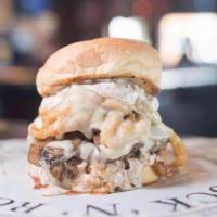 The Frenchman Burger · Mushrooms, Swiss, fried onions, and French onion dip.