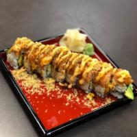 Rock and Roll · Crabmeat mix, avocado, cucumber topped with spicy tuna, crunchy crumbs, spicy mayo, and teri...
