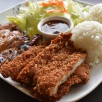 Chicken and Katsu Combo · Chicken teriyaki and chicken katsu. Served with rice and salad.