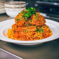 Spaghetti Meatballs · Marinara sauce and cheese topped with beef meatballs.