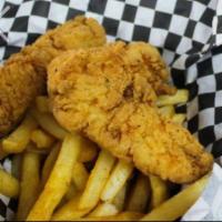 Chicken Tenders · 4 pieces. Hand breaded chicken tenders and fries served with your choice of dressing. Tossed...
