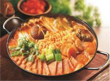 Spicy Mixed Casserole with Spam, Sausage & Noodles · Army stew. Includes 2 bowls of rice. 