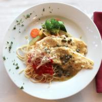 Piccata  · Chicken scaloppini sauteed garlic, shallots and capers in a white wine butter sauce. Served ...
