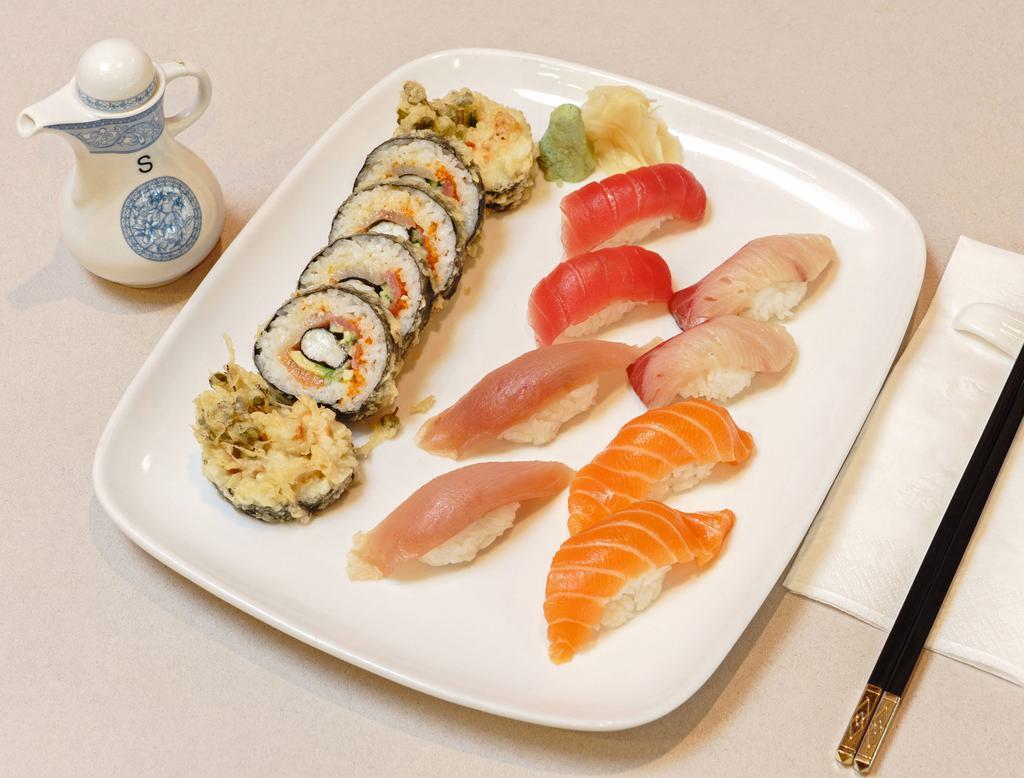 Ken Zaburo Plate · 2 pieces each of tuna, sake, albacore, yellowtail nigiri and a Ken Zaburo Maki. Served with miso soup.