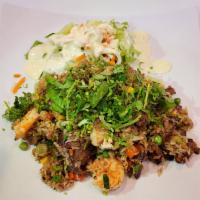 28. House Combo Fried Rice · Beef, pork, chicken, and shrimp.
Served w/salad - topped w/scallion & cillantro