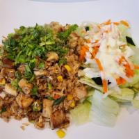 29. Chicken Fried Rice · Served w/salad - topped w/scallion & cillantro