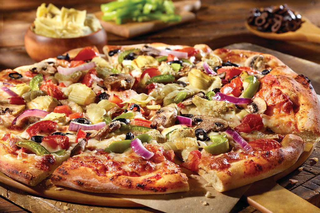 VEGGIE 7 · Red onions, green bell peppers, sliced mushrooms, black olives, artichoke hearts, tomatoes. 