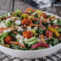CHOPPITY CHOP · Romaine & kale, feta, pepperoni, green olives, cucumber, pepperoncini, pickled red onion, to...
