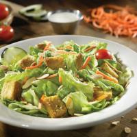 SIDE GARDEN SALAD · Fresh greens, carrots, cucumbers, croutons, toasted almonds & grape tomatoes. Choice of dres...