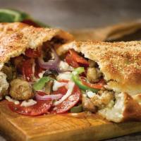 CHICAGO 7™ CALZONE · Pepperoni, Italian sausage, red onions, black olives, green peppers, sliced mushrooms, mozza...