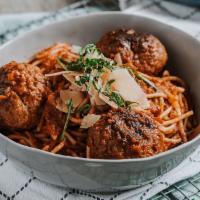 SPAGHETTI & MEATBALLS · Italian sausage & ground beef meatballs with spaghetti, signature red sauce, fresh basil & p...