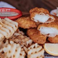 FISH & CHIPS · Lightly fried beer battered cod served with tangy tartar sauce, coleslaw and seasoned fries. 