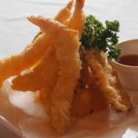 Tempura Appetizer · Deep-fried shrimp 3 pieces and vegetables 4 pieces.