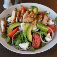 Arugula Salad · Organic arugula, grilled chicken, tomato, avocado, red onions, goat cheese and balsamic dres...