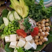 So Vegan Signature Bowl · Organic tofu, chickpea, edamame, kale, cucumber, green onion, grape tomato, parsley, wow sau...