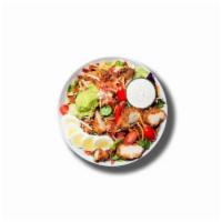 Crispy Chicken Ranch Salad · Crispy Chicken, Bacon, Egg, Monterey Jack, Grape Tomatoes, Avocado Mash & Ranch on Romaine