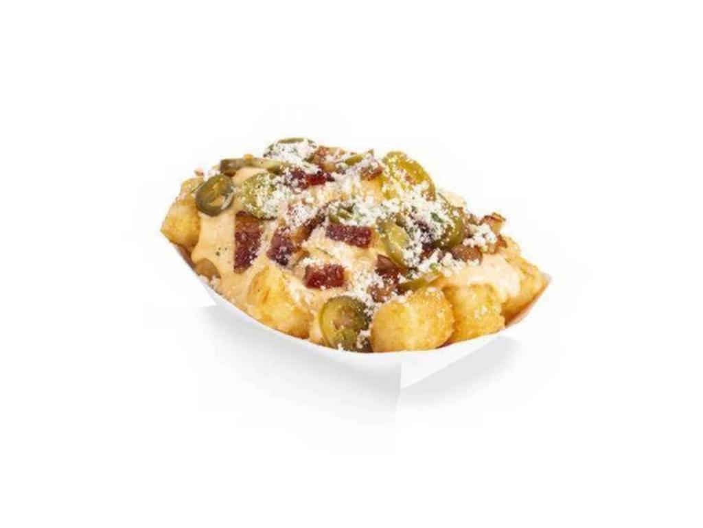Loaded Tots · Bacon, peppers, herbed parmesan, and cheese sauce on tater tots.