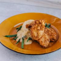 Free-Range Fried Chicken Plate · Buttermilk fried chicken, mashed red potatoes, thyme gravy, green beans.