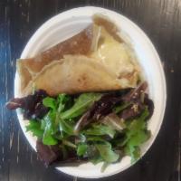CP8. La Complete Crepe · Crepe with bechamel sauce, French ham and Swiss cheese. Served with a side of mesclun mix sa...