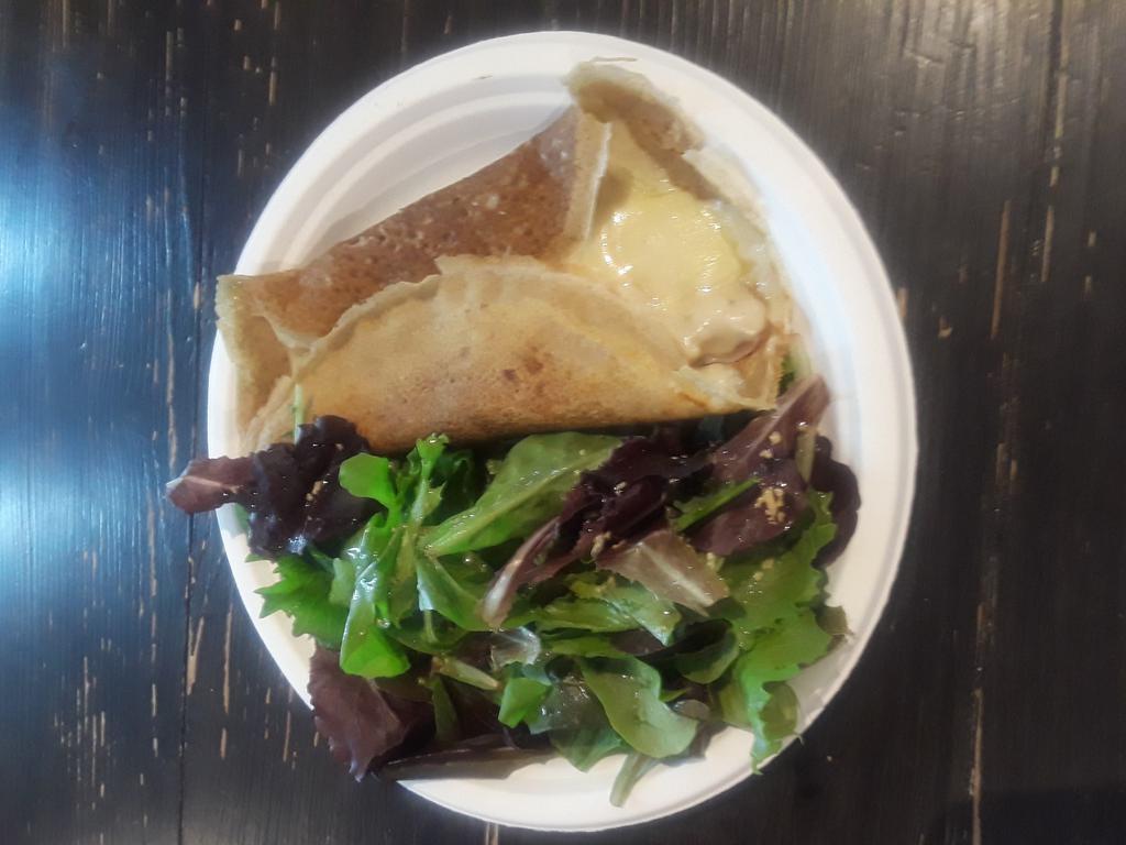 CP6. French Ham and Swiss Cheese Crepe · Served with a side of mesclun mix salad. Made with buckwheat flour imported from France. Gluten free.