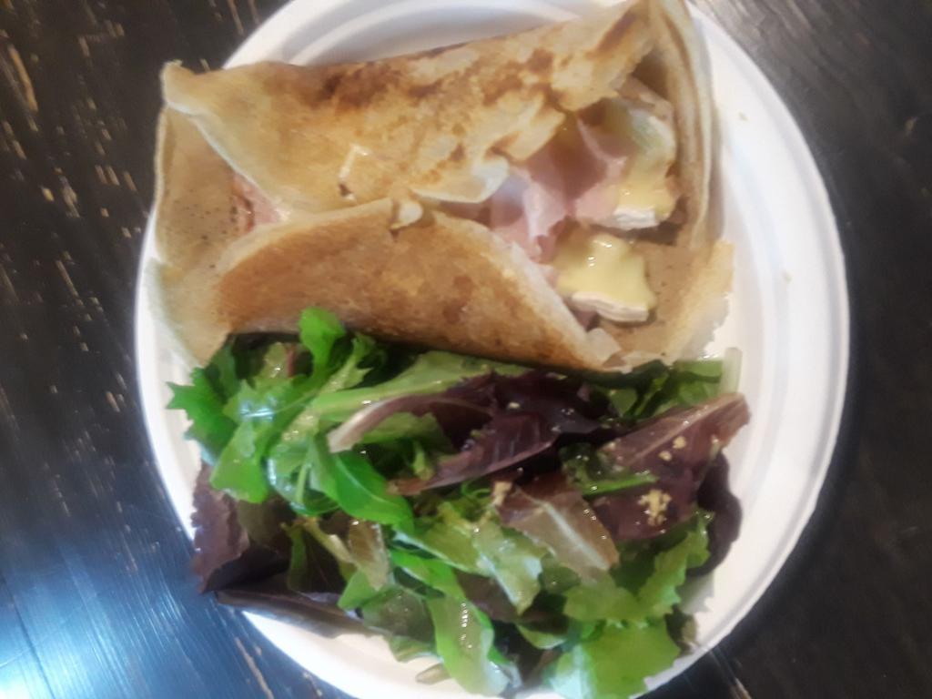 CP7. La Brie Crepe · Crepe with parisian ham and melted Brie cheese. Served with a side of mesclun mix salad. Made with buckwheat flour imported from France. Gluten free.