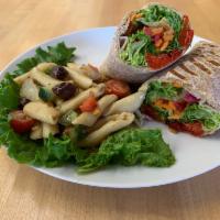 Go Vegan Wrap  · Cucumber, red peppers, carrots, cilantro, pickled onion, garlic hummus, romaine in a whole w...