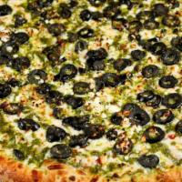 Greko Special Pizza · Black olives, pesto, fresh garlic and feta cheese. Vegetarian.