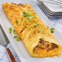 Sausage and Cheese Omelette · Three egg omelette with cheese and sausage. Served with hash browns and buttered toast with ...