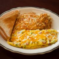 Denver Omelette · Three egg omelette with ham, bell pepper, onion and cheese. Served with hash browns and butt...