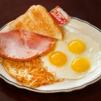 #8 Ham & Eggs · Grilled ham steak, three eggs cooked to order, hash browns and buttered toast with jelly.