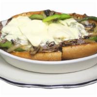 Philly Cheese Steak Sandwich · Grilled steak, mayonnaise, Swiss cheese and grilled onion, bell peppers and mushrooms on a F...
