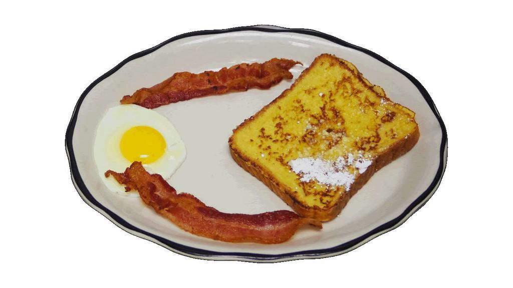  Kids French Toast & Egg Breakfast · One piece of our signature French toast, one egg cooked to order, and two pieces of bacon or sausage.