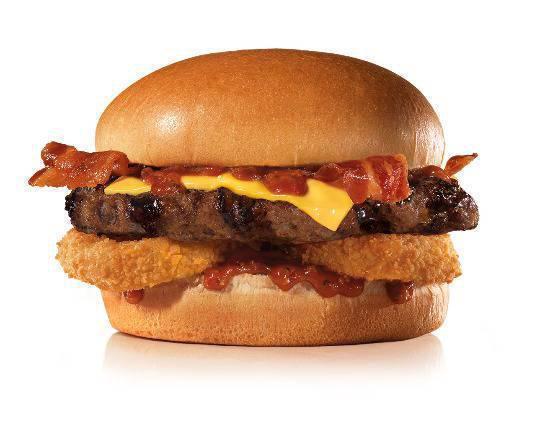 Western Bacon Cheeseburger · Charbroiled All-Beef Patty, Two Strips of Bacon, Melted American Cheese, Two Crispy Onion Rings and Tangy BBQ Sauce on a seeded bun.