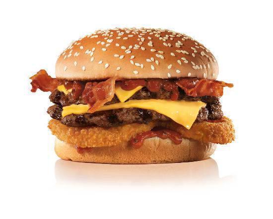Double Western Bacon Cheeseburger · Two Charbroiled All-Beef Patties, Two Strips of Bacon, Two Slices of Melted American Cheese, Crispy Onion Rings and Tangy BBQ Sauce on a seeded bun.