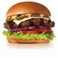 The 1/3lb. Jalapeño Thickburger® · A 1/3lb. Charbroiled Black Angus Beef Patty, American Cheese, Two Slices of Tomato, Red Onio...
