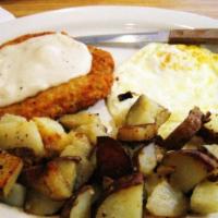 Chicken Fried Steak & Eggs · Crispy fried beef fritter with white gravy with choice of grits or home fries and bread.  