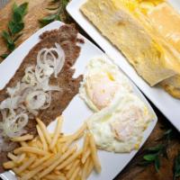 Steak & Egg / Bistec y Huevo · Grilled steak w/ 1 egg any style, choice of potato & Cuban Toast