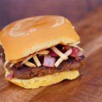 Cuban Hamburger (Frita) · Ground Beef and Chorizo Patty with Potato Sticks, Onions and Ketchup on Media Noche Bun/Carn...