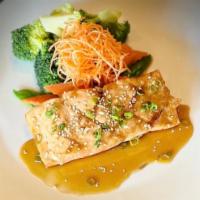 Teriyaki Grilled Salmon  · Grilled Atlantic salmon  served with Homemade Teriyaki sauce, steamed broccoli, carrot, and ...