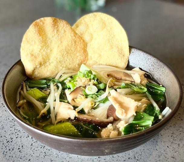 Chicken Noodle Soup · Chicken, rice noodles, baby bok choy, bean sprouts, garlic, scallion, and cilantro