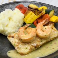 Open Blue Cobia With Scampi Shrimp · Simply Grilled / Scampi Shrimp / Seasonal Vegetables / Mashed Potatoes