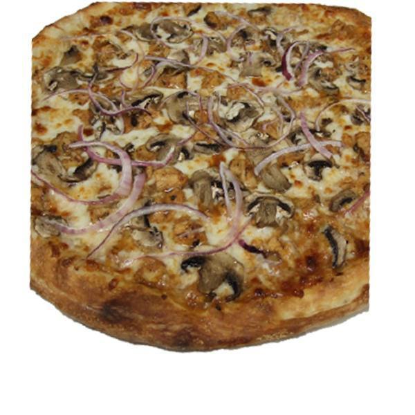 BBQ Chicken Pizza · Mozzarella, grilled chicken, mushrooms, red onions, fresh cilantro and BBQ sauce.